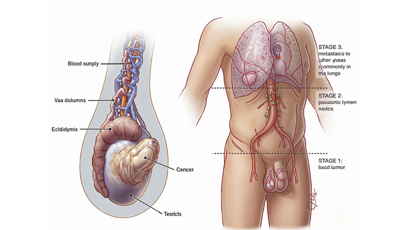 Advanced testicular cancer stages, lymph node involvement, and cancer progression.