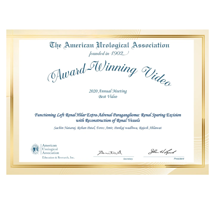 Dr. Rohan Patel - Award Winning Video Certificate from The American Urological Association
