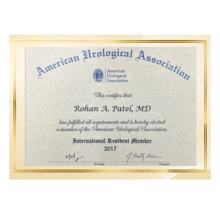 Dr. Rohan Patel - International Certificate for Resident Member of American Urological Association