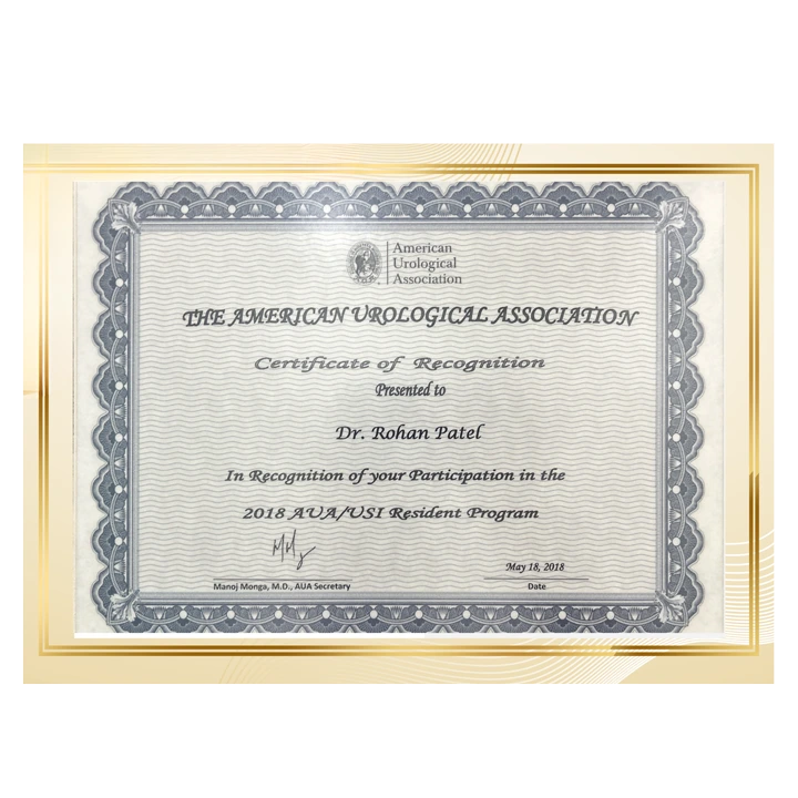 Dr. Rohan Patel 2018 AUA/USI Resident Program Certificate from American Urological Association