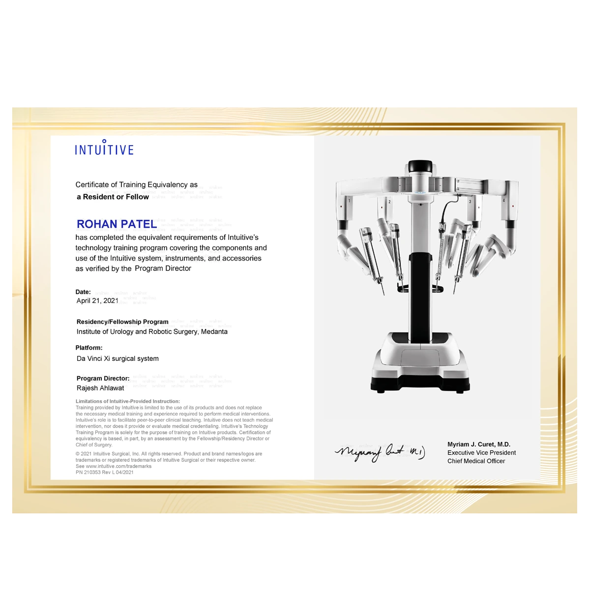 Dr. Rohan Patel - Intuitive Certificate of Training Equivalency as a Resident or Fellow
