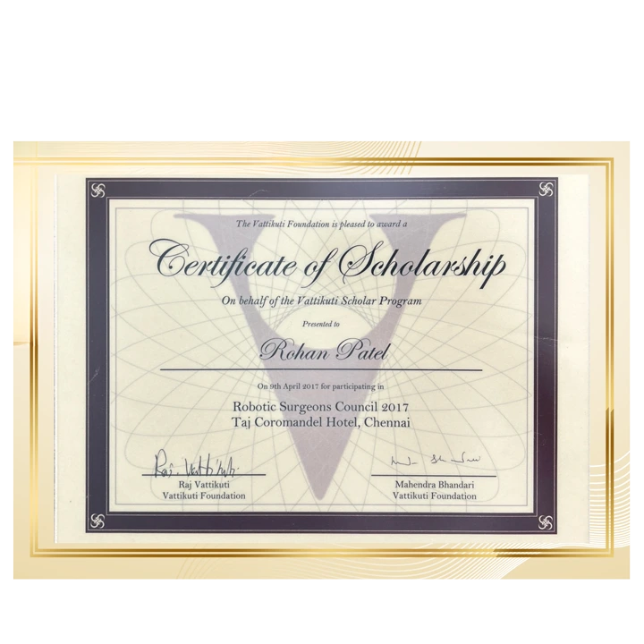 Dr. Rohan Patel - Certificate of Scholarship from Vattikuti Scholar Program