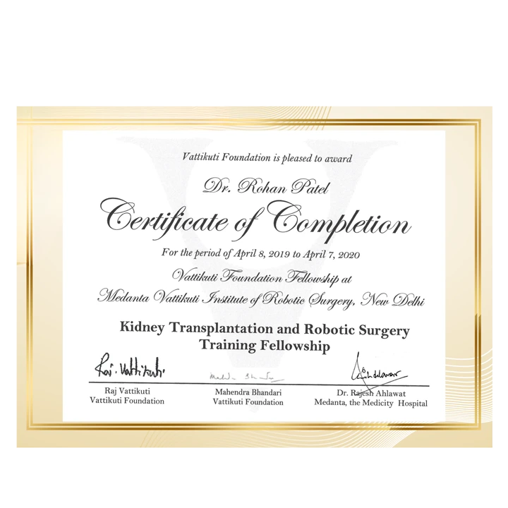Dr. Rohan Patel - Certificate of Completion - Kidney Tranplatation and Robotic Surgery Training Fellowship