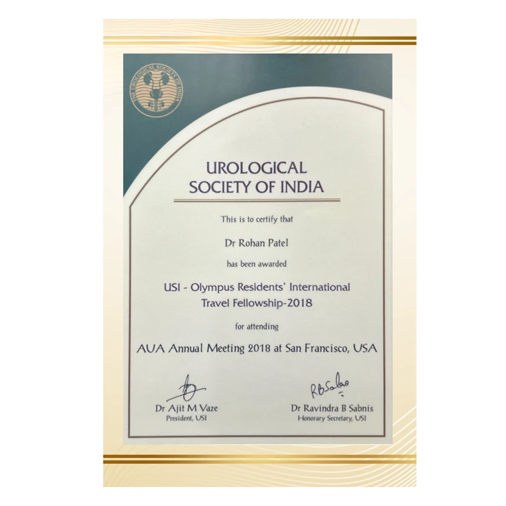 Certificate Urological Society of India - Olympus Residents' International Travel Fellowship - 2018